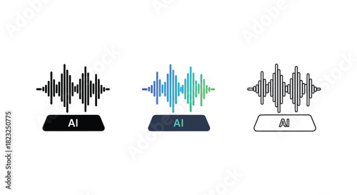 Set of three AI voice recognition icons with sound wave display