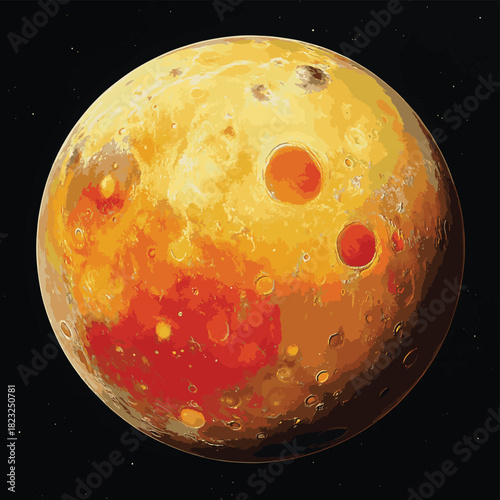 Io in vivid sulfuric colors-yellow, red, orange-with volcanic plumes erupting and Jupiter visible behind , vector style simple color