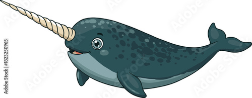 Cute narwhal cartoon character, spiral tusk, blue marine animal, vector illustration for children, ocean wildlife design, nursery wall art