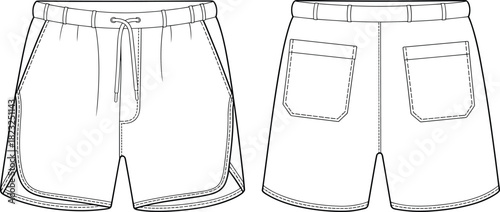 Elastic waistband shorts flat sketch, fashion design vector template, garment CAD drawing, clothing blueprint illustration, sporty casual shorts outline, cad drawing flat vector illustration