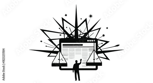 Abstract digital explosion around a person interacting with a website interface