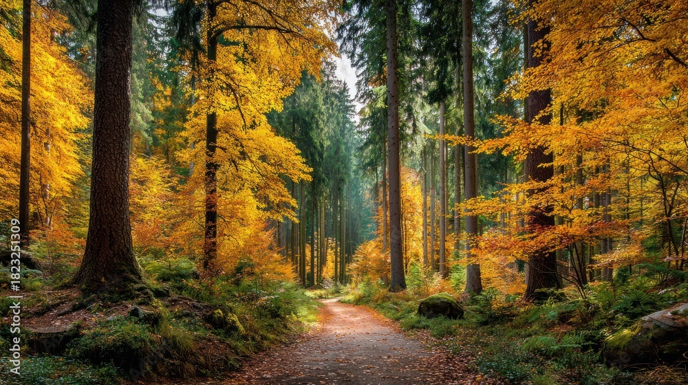 Fototapeta premium A pathway weaves through a vibrant autumn forest, trees displaying golden and green foliage
