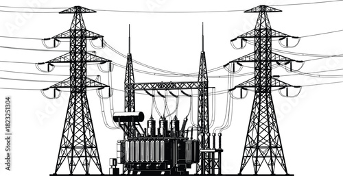 Electrical substation vector illustration, high voltage transmission towers power lines transformers circuit breakers energy grid infrastructure, black white cad drawing flat vector illustration