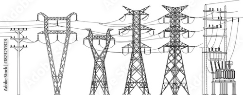 Electrical transmission and distribution structures illustration, power line towers and utility poles, energy grid infrastructure, cad drawing flat vector illustration