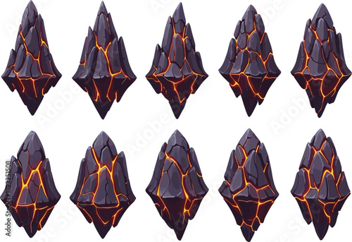 Floating volcanic rocks with glowing cracks, magical obsidian stones, fantasy energy crystals, mystical lava formations, sci-fi environment, cad drawing flat vector illustration