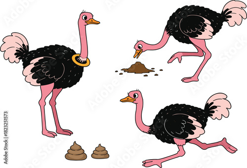Funny cartoon ostrich vector illustration, playful bird character design, animal artwork with humorous pose, wildlife drawing, cad drawing flat vector illustration