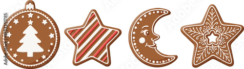Christmas cookies, gingerbread shapes, festive treats, holiday baking, decorated sweets, icing patterns, cookie art, star cookie, ornament cookie, moon cookie, edible decoration