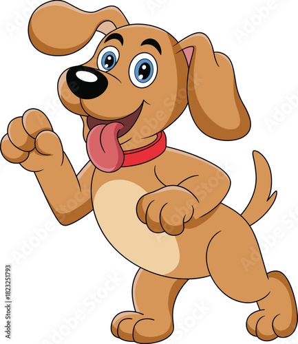 Happy cartoon dog, red collar, blue eyes, playful pose, standing upright, tongue out, children’s pet character, vector illustration