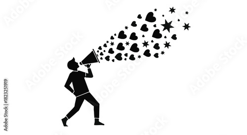 Silhouette of a person announcing joy and love through a megaphone, with hearts and stars spreading out.