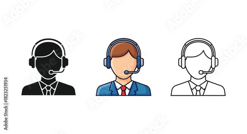 Set of three customer support agent icons with headset