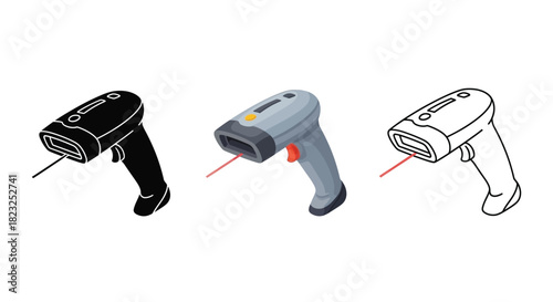 Set of three barcode scanner icons in solid, isometric, and outline