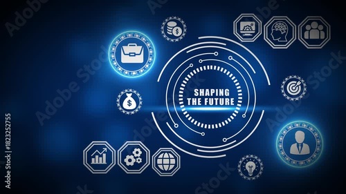 Blue digital interface with shaping the future text and business icons technology