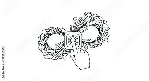 Abstract digital interface with finger touching a central button, symbolizing connection and innovation.