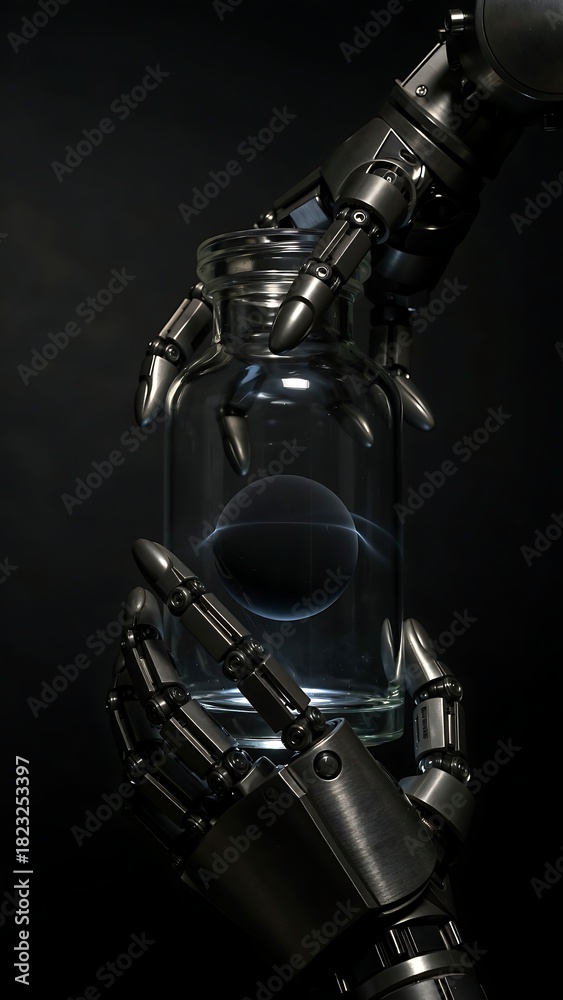 Fototapeta premium Futuristic robot hands holding a glowing sphere in a glass jar, exploring technology and artificial intelligence concepts