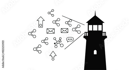 Lighthouse guiding digital information and communication symbols towards a brighter future.