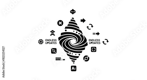 Abstract vortex representing endless updates and digital transformation with technology icons