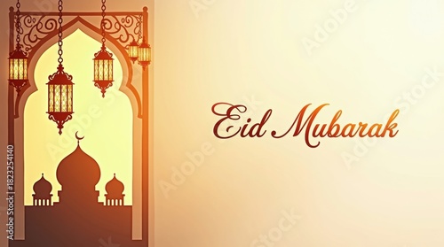 Traditional islamic eid mubarak celebration with mosque silhouette and lanterns