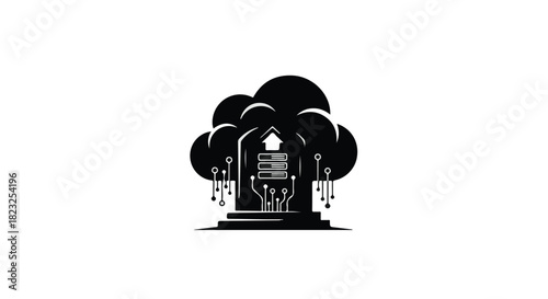 Digital cloud representing online learning and knowledge, with books and circuitry elements.