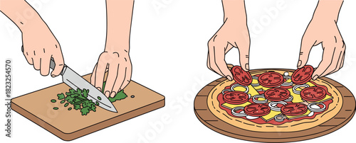 Food preparation illustration, chopping herbs, pizza assembly, kitchen activity, cooking process, fresh ingredients, culinary art, tomato slices, wooden board, homemade pizza