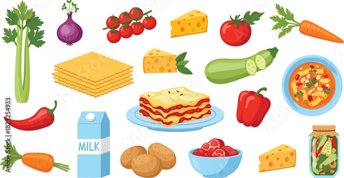 Fresh vegetables, dairy products, tomato sauce, lasagna, soup, pasta sheets, cooking ingredients, Italian cuisine, healthy food, kitchen essentials, organic produce