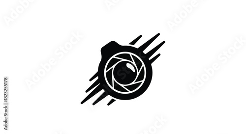 Creative camera lens aperture symbol with dynamic streaks for photography concept
