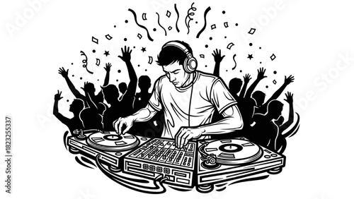 Continuous Line DJ Illustration with New Year Party Crowd in Black Minimal Style