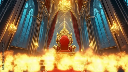 Royal throne in grand fiery hall  