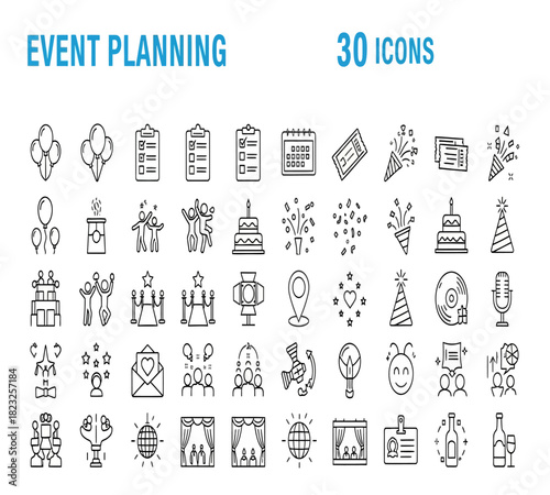 Event planning icons set, featuring 30 line art symbols for organizing parties, celebrations, and corporate events, isolated on
