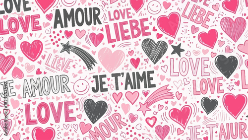 Hand-Drawn Love Doodles Pattern - Romantic Hearts & Text Background