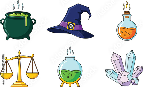Magic items illustration, cauldron, witch hat, potion bottle, crystals, balance scale, fantasy theme, alchemy, mystical, enchanted, spellbound