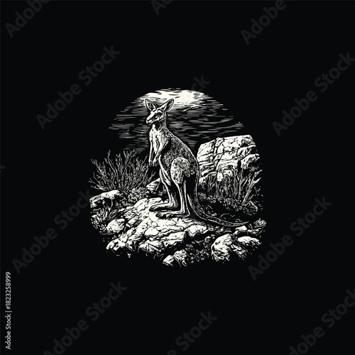 A detailed monochrome vintage engraving or woodcut illustration depicting a kangaroo standing on a rocky outcrop surrounded by scrub