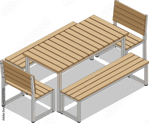 Modern outdoor wooden dining set, garden furniture, patio table and benches, metal frame, slatted wood, stylish, functional, durable, socialModern outdoor wooden dining set, garden furniture