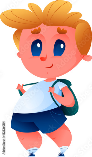 A cute schoolboy with a backpack is standing on a white background. Boy is smiling and looking at the camera. A child with blond hair and blue eyes. Vector illustration in cartoon style.