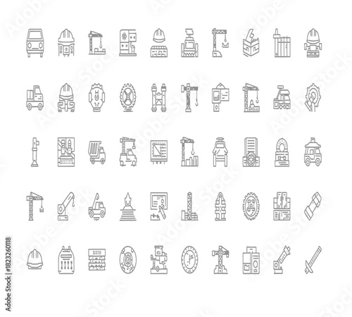 Adobe Illustrator ArtworkHanddrawn line art icon set for construction, mining, and industry, featuring tools, machinery, and safety equipment, isolated on