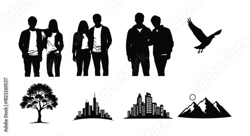 Silhouettes of people nature and cityscapes presented in a black and white design