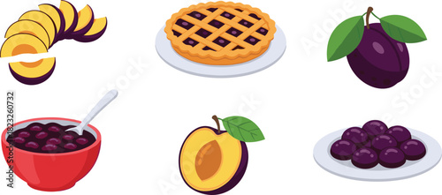 Plum fruit illustration, sliced plums, plum pie, halved plum, plum jam, whole plums, dessert art, food drawing, fresh fruit