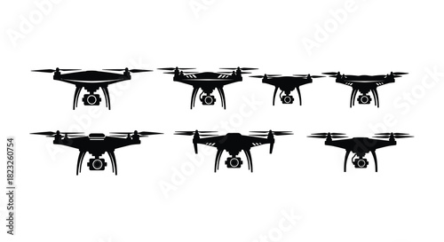 Collection of modern drone silhouettes showcasing various aerial vehicle designs