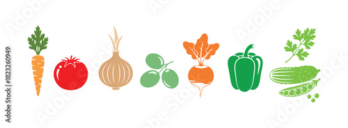 Vegetables, food icon. Carrot, tomato, onion, pepper, olive, parsley, radish, cucumber, pea. Seasonal plants isolated on a white background. Organic grocery set, vector illustration.