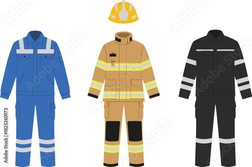 Protective work uniforms, firefighter gear, emergency responder suit, industrial safety clothing, reflective stripes, occupational safety, professional attire