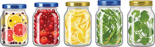 Preserved food jars illustration, citrus slices, cranberries, lemon peels, herbs, leafy greens, kitchen art, nutrition concept, food storage