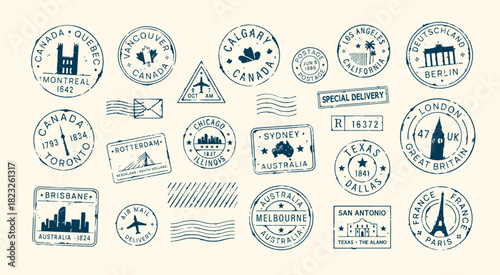 Postal stamps and mail post labels from different countries. A set of stamps for envelopes and parcels in retro style. Chicago, Los Angeles, Berlin, France, Texas, Australia. Vector illustration