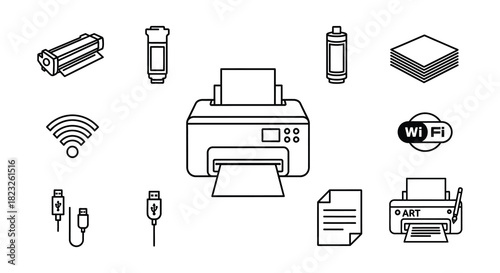 Outline of printer accessories toner paper wifi cables and more