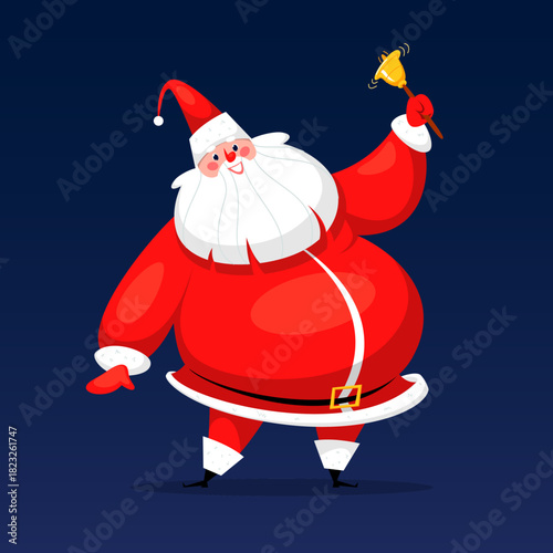Santa Claus standing with a bell in his hand. Smiling old man with a white beard and mustache in a red suit. New Year and Christmas design. Vector illustration.