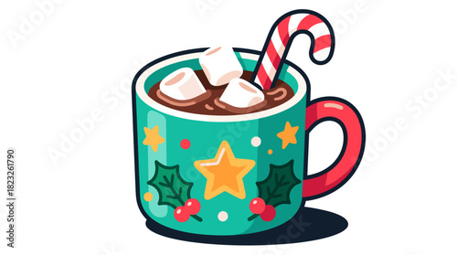 Hot chocolate mug with marshmallows and candy cane for Christmas  