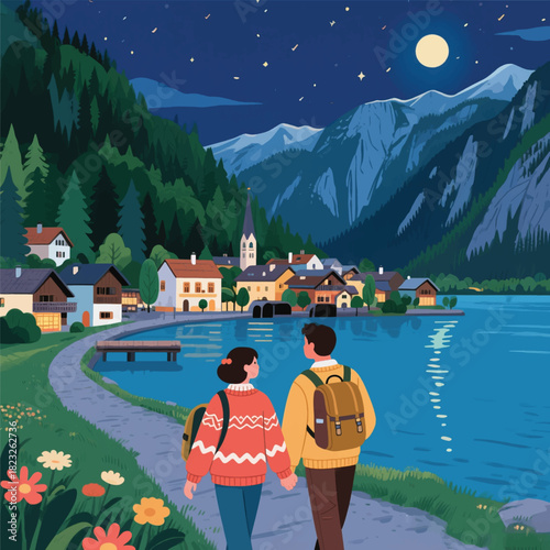 A Couple Walking Near the Lake at Night Illustrator Artwork Banner Background Design Template 