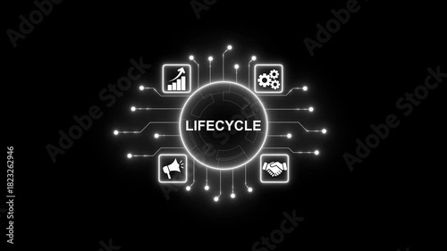 Digital lifecycle concept with glowing neon circuit board connecting