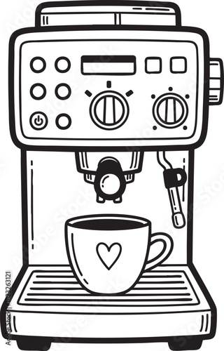 A charming handdrawn espresso machine illustration brewing coffee into a mug with a heart design.