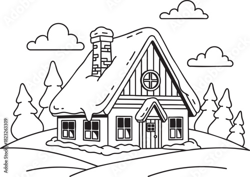 A charming snowcovered cabin with a brick chimney and pine trees presented as a black and white line art coloring page.