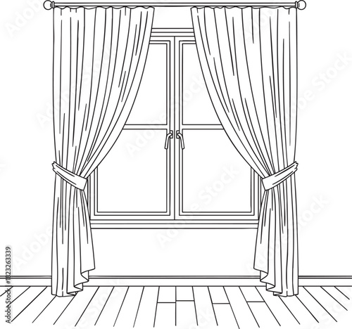 A classic black and white line drawing of elegant floorlength curtains tied back to reveal a multipaned casement window.