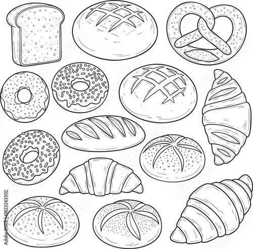 A diverse collection of handdrawn bakery items including bread croissants and donuts in a black and white outline style.